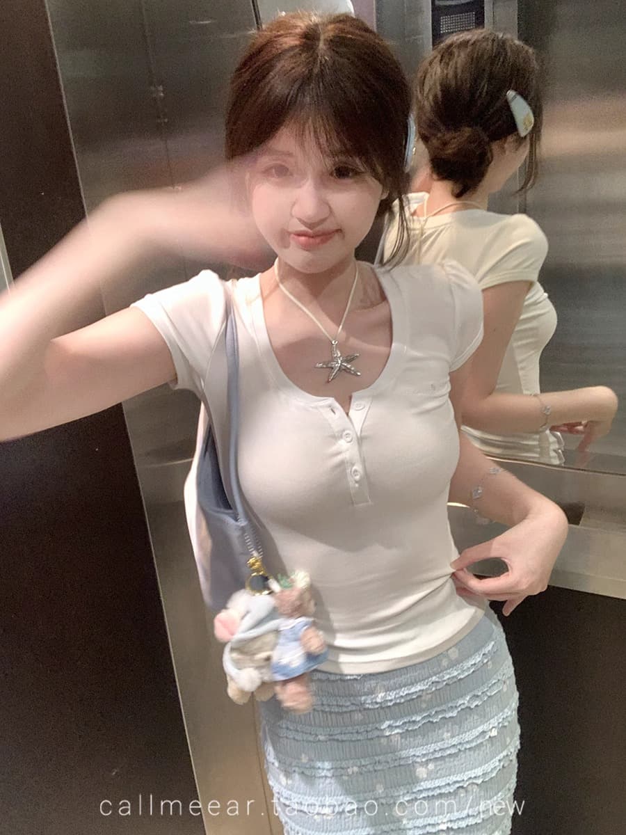 270 그램 사람들 면 다용도 자수 t 거품 소매 티셔츠 여성 봄 몸매 가꾸기 슬림해 보이는 반팔 맨위 상세 이미지 21