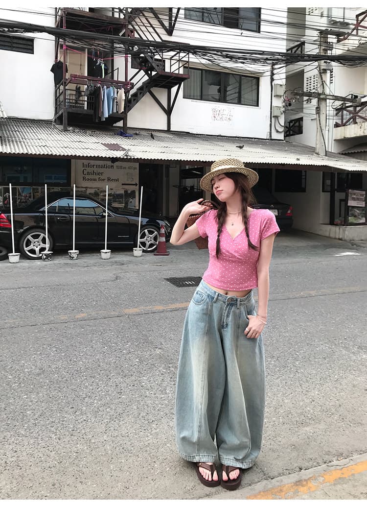 ptonumi 한여름 매화 와인 십자가 빅 브이 넥 도트 무늬 반팔 티셔츠 여성 Z아 어깨 순수한 욕망 맨위 쇼트 스타일 상세 이미지 20