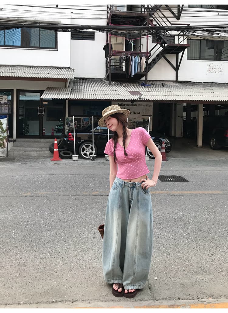ptonumi 한여름 매화 와인 십자가 빅 브이 넥 도트 무늬 반팔 티셔츠 여성 Z아 어깨 순수한 욕망 맨위 쇼트 스타일 상세 이미지 40