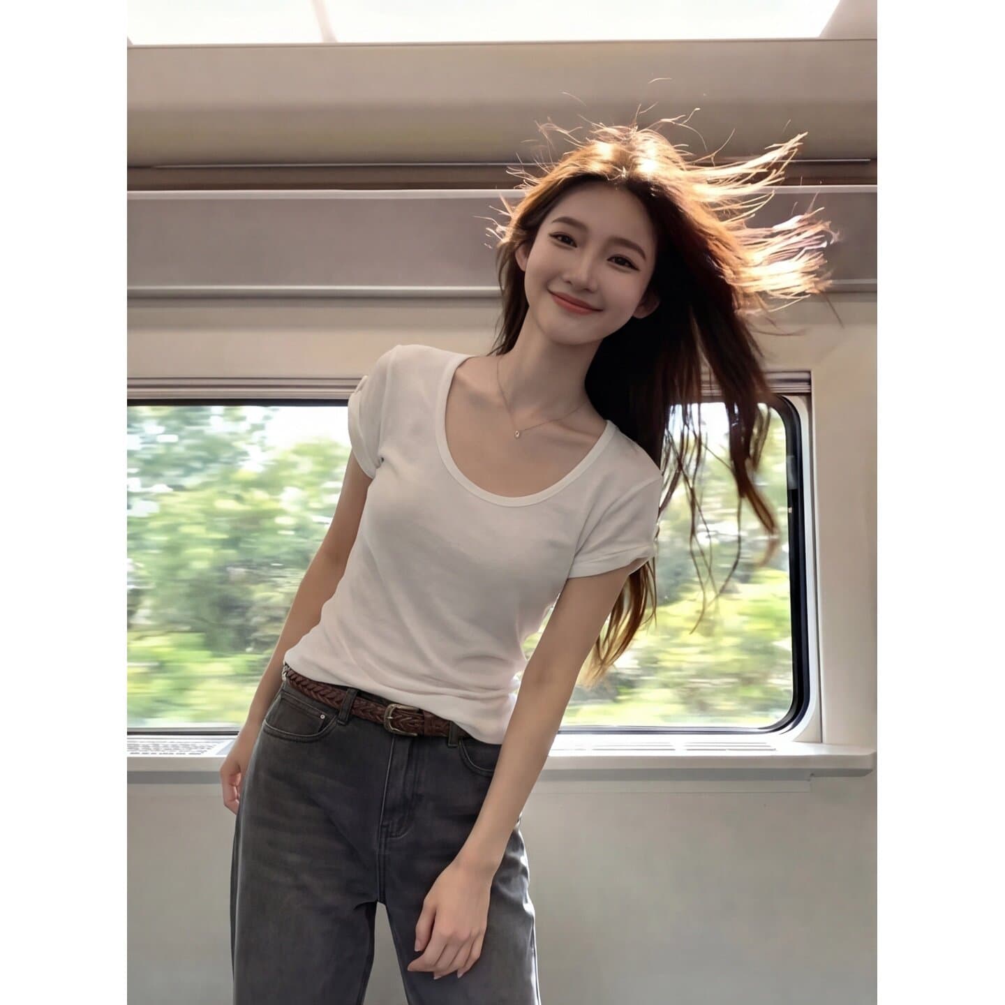 한 부서 화이트 라운드 넥 긍정적 인 어깨 반팔 티셔츠 여성 여름 기초 섹션 미니멀리즘 슈퍼 잘 생긴 다용도 캐주얼 출퇴근 맨위 상세 이미지 3