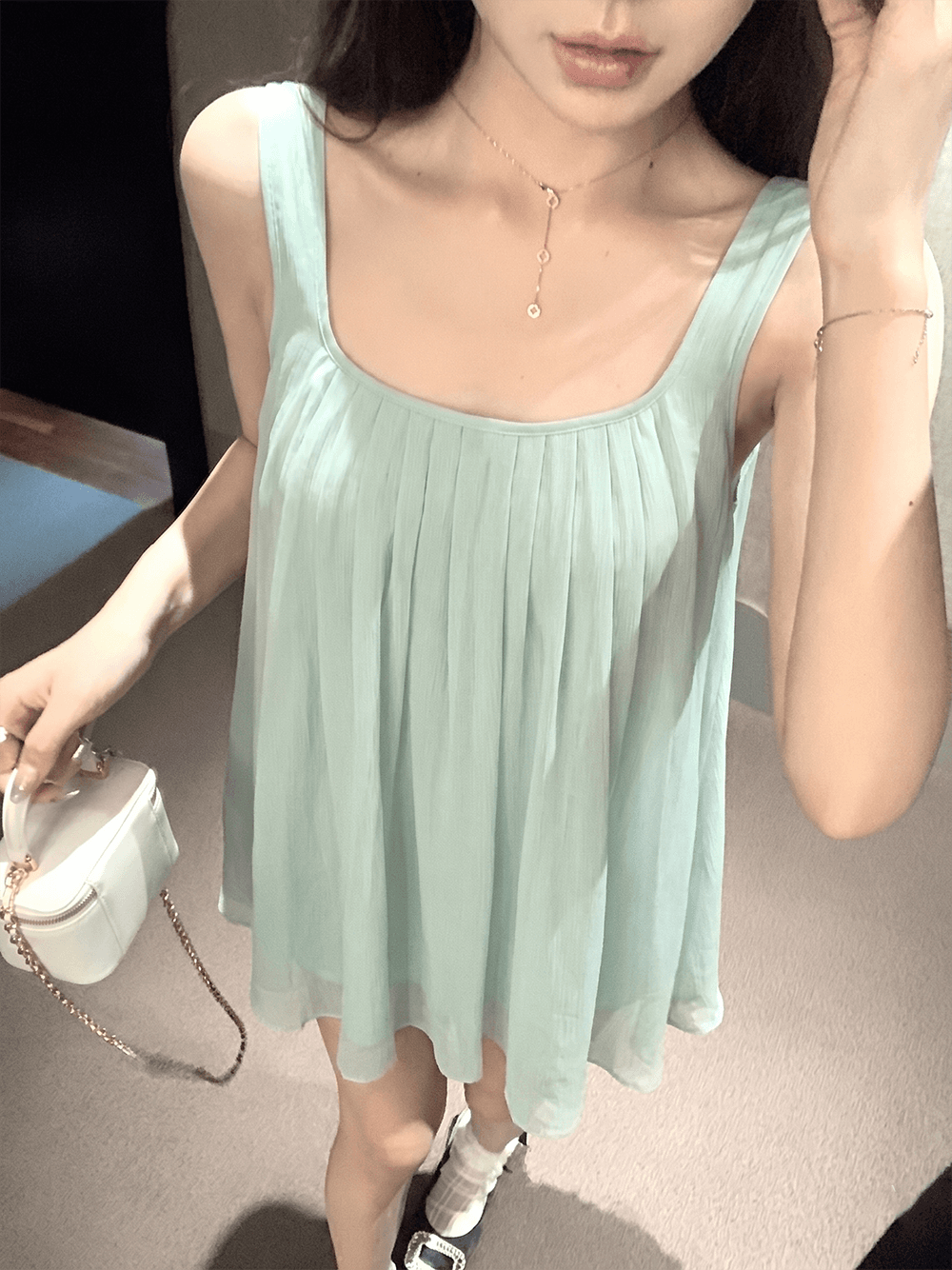 프랑스식 녹색 광장 칼라 쉬폰 캐미솔 여성 여름 루즈핏 슬림해 보이는 맨위 2026 상세 이미지 4