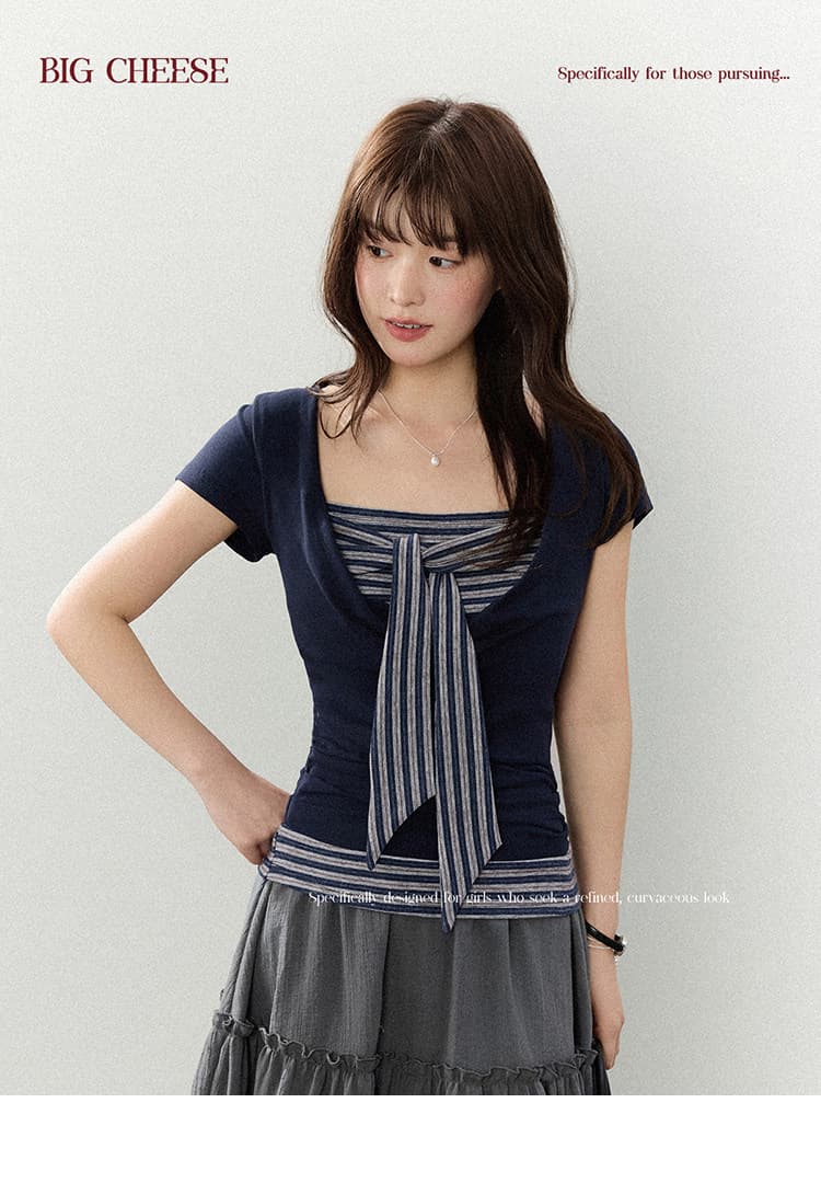 대 말더듬기 다우 시시 빛 틈 블루 레트로 학원 스타일 나비 레이스업 맨위 여름 허리 측면 펌프 Pleat 티셔츠 상세 이미지 1