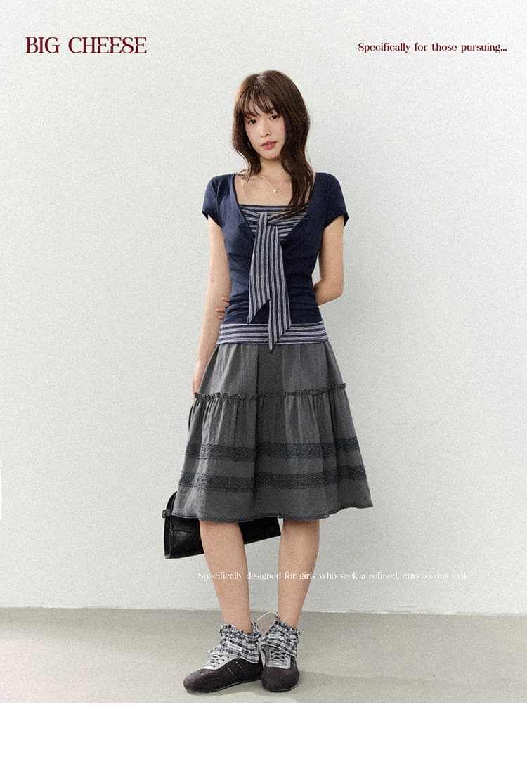 대 말더듬기 다우 시시 빛 틈 블루 레트로 학원 스타일 나비 레이스업 맨위 여름 허리 측면 펌프 Pleat 티셔츠 상세 이미지 2