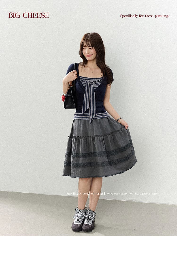 대 말더듬기 다우 시시 빛 틈 블루 레트로 학원 스타일 나비 레이스업 맨위 여름 허리 측면 펌프 Pleat 티셔츠 상세 이미지 3