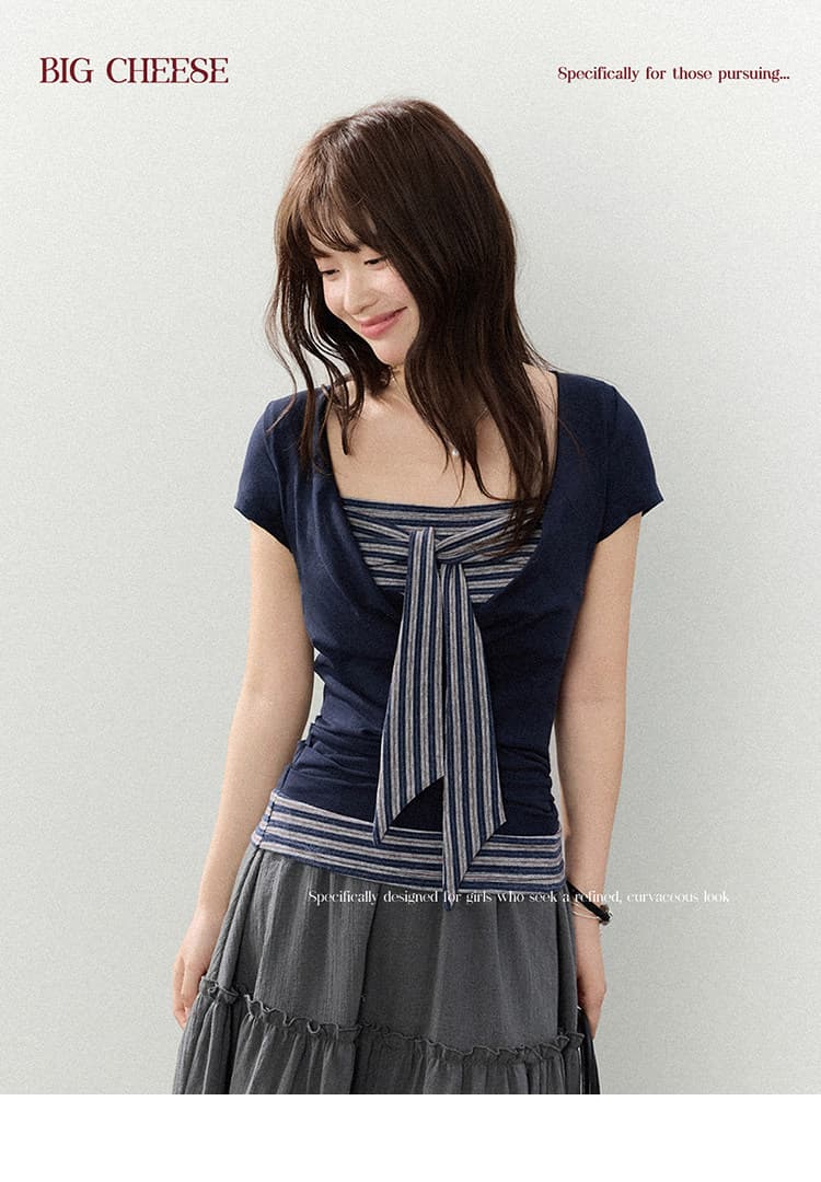 대 말더듬기 다우 시시 빛 틈 블루 레트로 학원 스타일 나비 레이스업 맨위 여름 허리 측면 펌프 Pleat 티셔츠 상세 이미지 4