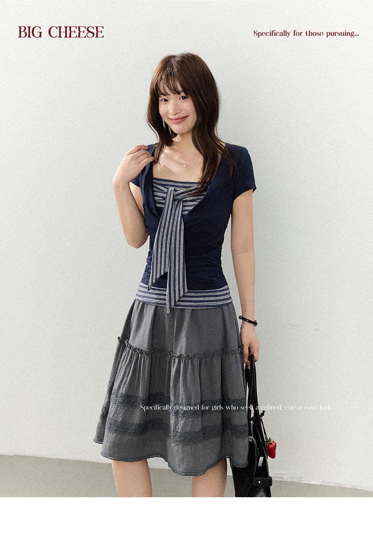 대 말더듬기 다우 시시 빛 틈 블루 레트로 학원 스타일 나비 레이스업 맨위 여름 허리 측면 펌프 Pleat 티셔츠 상세 이미지 5