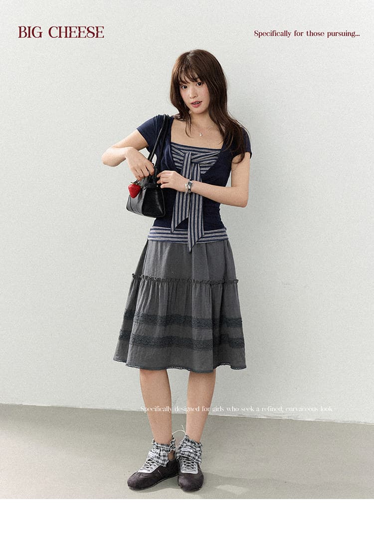 대 말더듬기 다우 시시 빛 틈 블루 레트로 학원 스타일 나비 레이스업 맨위 여름 허리 측면 펌프 Pleat 티셔츠 상세 이미지 6