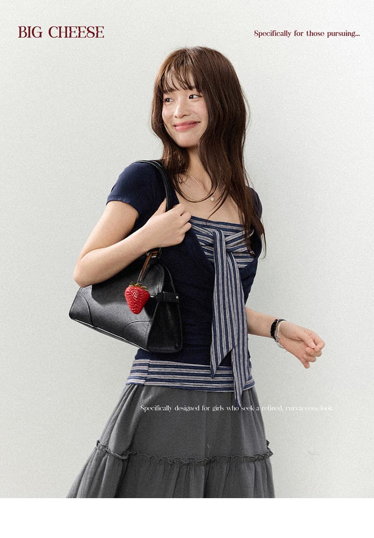 대 말더듬기 다우 시시 빛 틈 블루 레트로 학원 스타일 나비 레이스업 맨위 여름 허리 측면 펌프 Pleat 티셔츠 상세 이미지 7