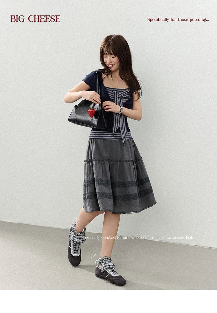 대 말더듬기 다우 시시 빛 틈 블루 레트로 학원 스타일 나비 레이스업 맨위 여름 허리 측면 펌프 Pleat 티셔츠 상세 이미지 9