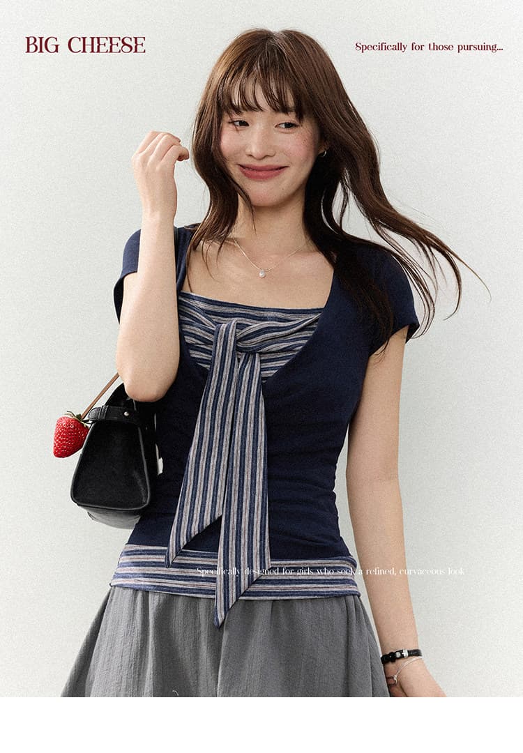대 말더듬기 다우 시시 빛 틈 블루 레트로 학원 스타일 나비 레이스업 맨위 여름 허리 측면 펌프 Pleat 티셔츠 상세 이미지 11