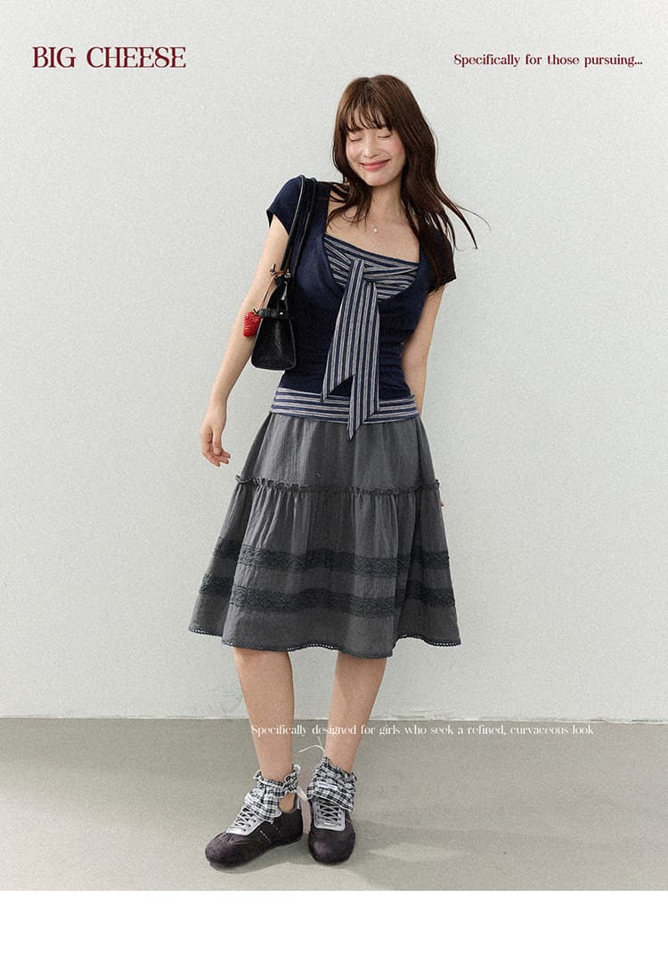 대 말더듬기 다우 시시 빛 틈 블루 레트로 학원 스타일 나비 레이스업 맨위 여름 허리 측면 펌프 Pleat 티셔츠 상세 이미지 12
