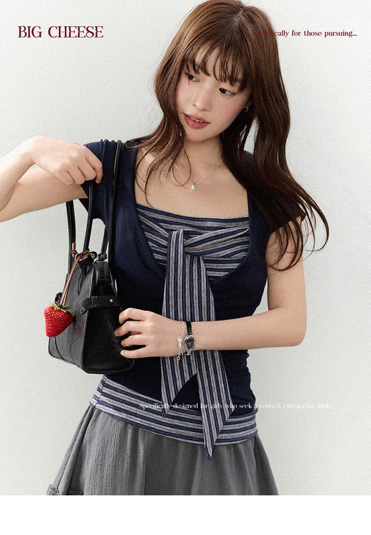 대 말더듬기 다우 시시 빛 틈 블루 레트로 학원 스타일 나비 레이스업 맨위 여름 허리 측면 펌프 Pleat 티셔츠 상세 이미지 13