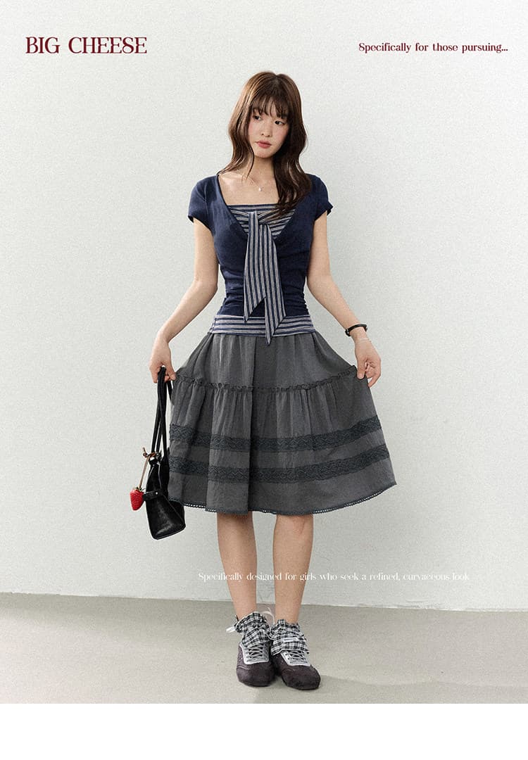 대 말더듬기 다우 시시 빛 틈 블루 레트로 학원 스타일 나비 레이스업 맨위 여름 허리 측면 펌프 Pleat 티셔츠 상세 이미지 14