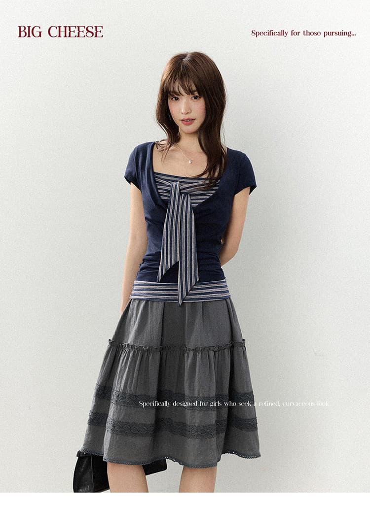 대 말더듬기 다우 시시 빛 틈 블루 레트로 학원 스타일 나비 레이스업 맨위 여름 허리 측면 펌프 Pleat 티셔츠 상세 이미지 15
