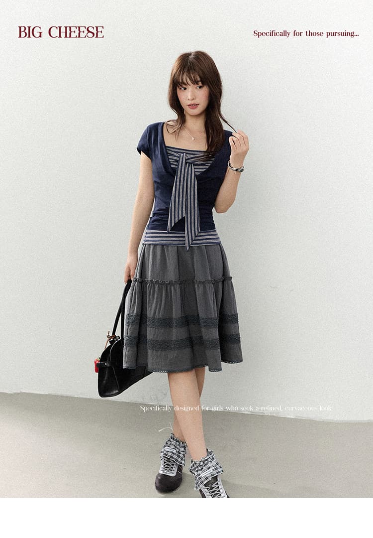 대 말더듬기 다우 시시 빛 틈 블루 레트로 학원 스타일 나비 레이스업 맨위 여름 허리 측면 펌프 Pleat 티셔츠 상세 이미지 16