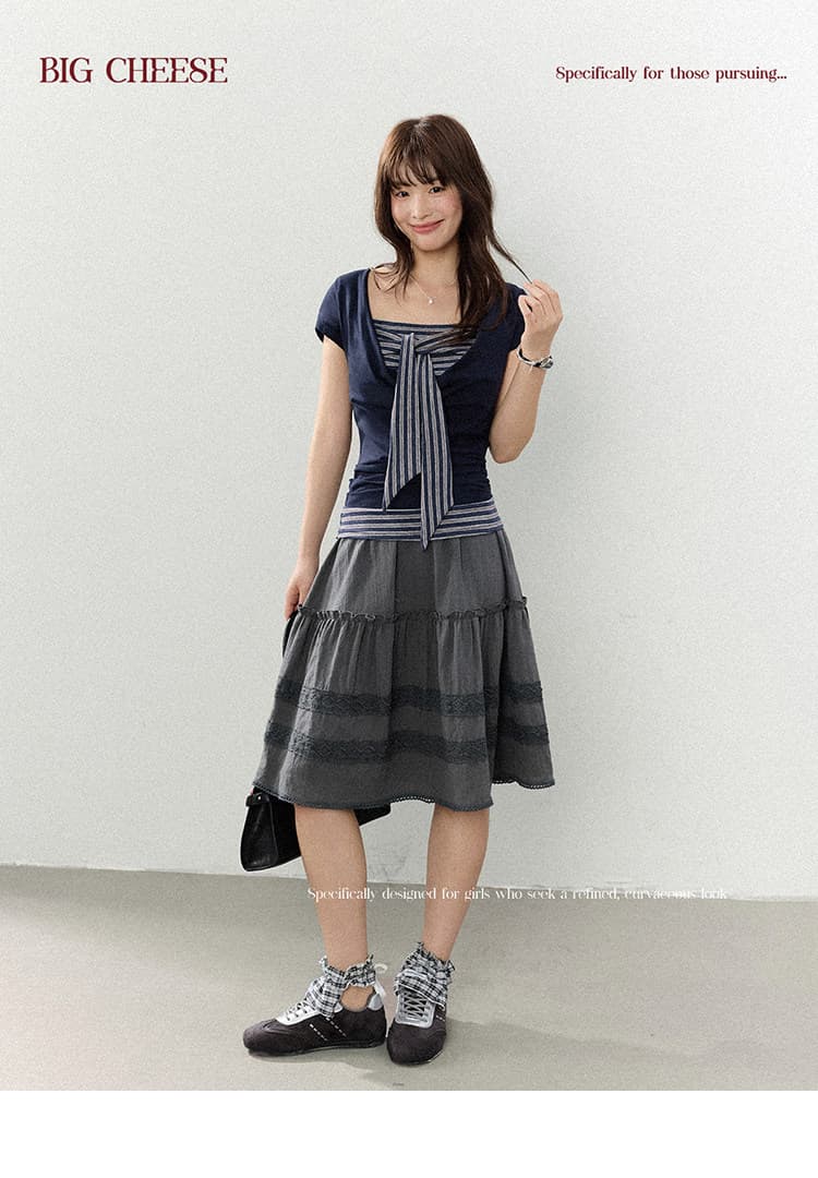 대 말더듬기 다우 시시 빛 틈 블루 레트로 학원 스타일 나비 레이스업 맨위 여름 허리 측면 펌프 Pleat 티셔츠 상세 이미지 17