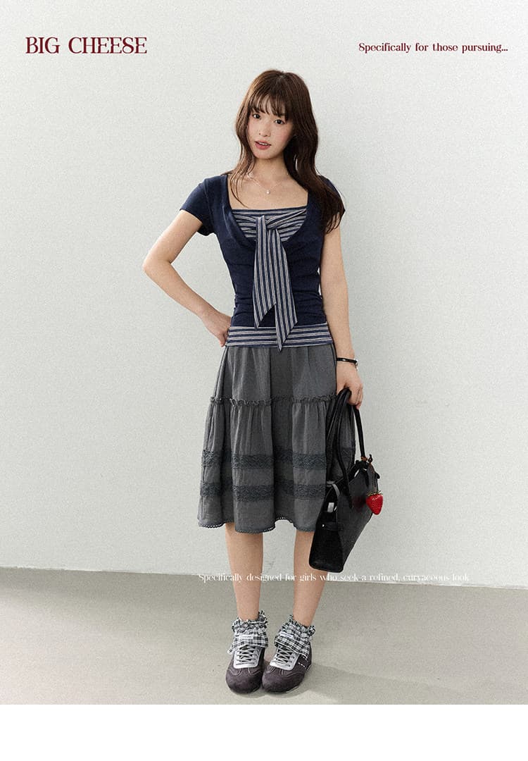대 말더듬기 다우 시시 빛 틈 블루 레트로 학원 스타일 나비 레이스업 맨위 여름 허리 측면 펌프 Pleat 티셔츠 상세 이미지 19