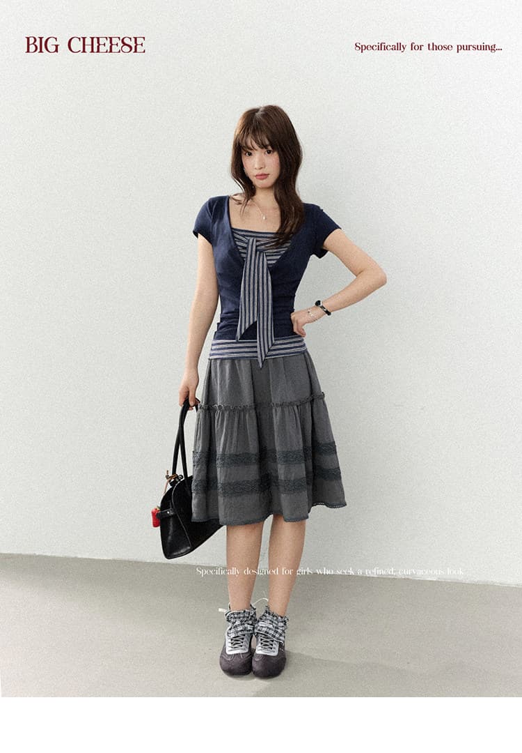 대 말더듬기 다우 시시 빛 틈 블루 레트로 학원 스타일 나비 레이스업 맨위 여름 허리 측면 펌프 Pleat 티셔츠 상세 이미지 20