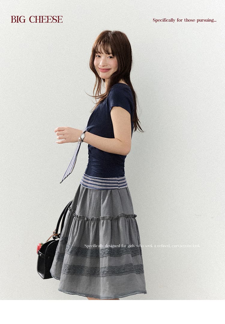 대 말더듬기 다우 시시 빛 틈 블루 레트로 학원 스타일 나비 레이스업 맨위 여름 허리 측면 펌프 Pleat 티셔츠 상세 이미지 21