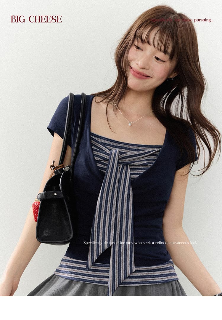 대 말더듬기 다우 시시 빛 틈 블루 레트로 학원 스타일 나비 레이스업 맨위 여름 허리 측면 펌프 Pleat 티셔츠 상세 이미지 22