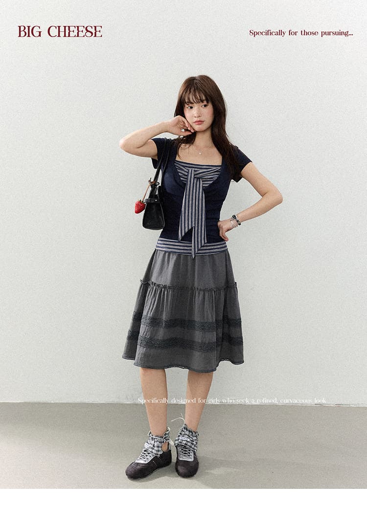대 말더듬기 다우 시시 빛 틈 블루 레트로 학원 스타일 나비 레이스업 맨위 여름 허리 측면 펌프 Pleat 티셔츠 상세 이미지 23