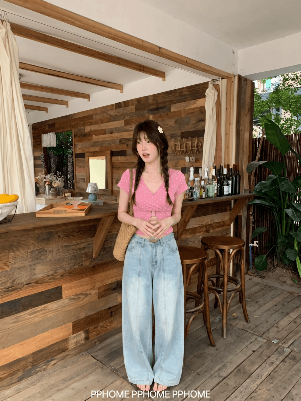 pphome 딸기 우우 우우 한 부서 십자가 V넥 도트 무늬 반팔 티셔츠 여성 여름 긍정적 인 어깨 순수한 욕망 맨위 상세 이미지 4