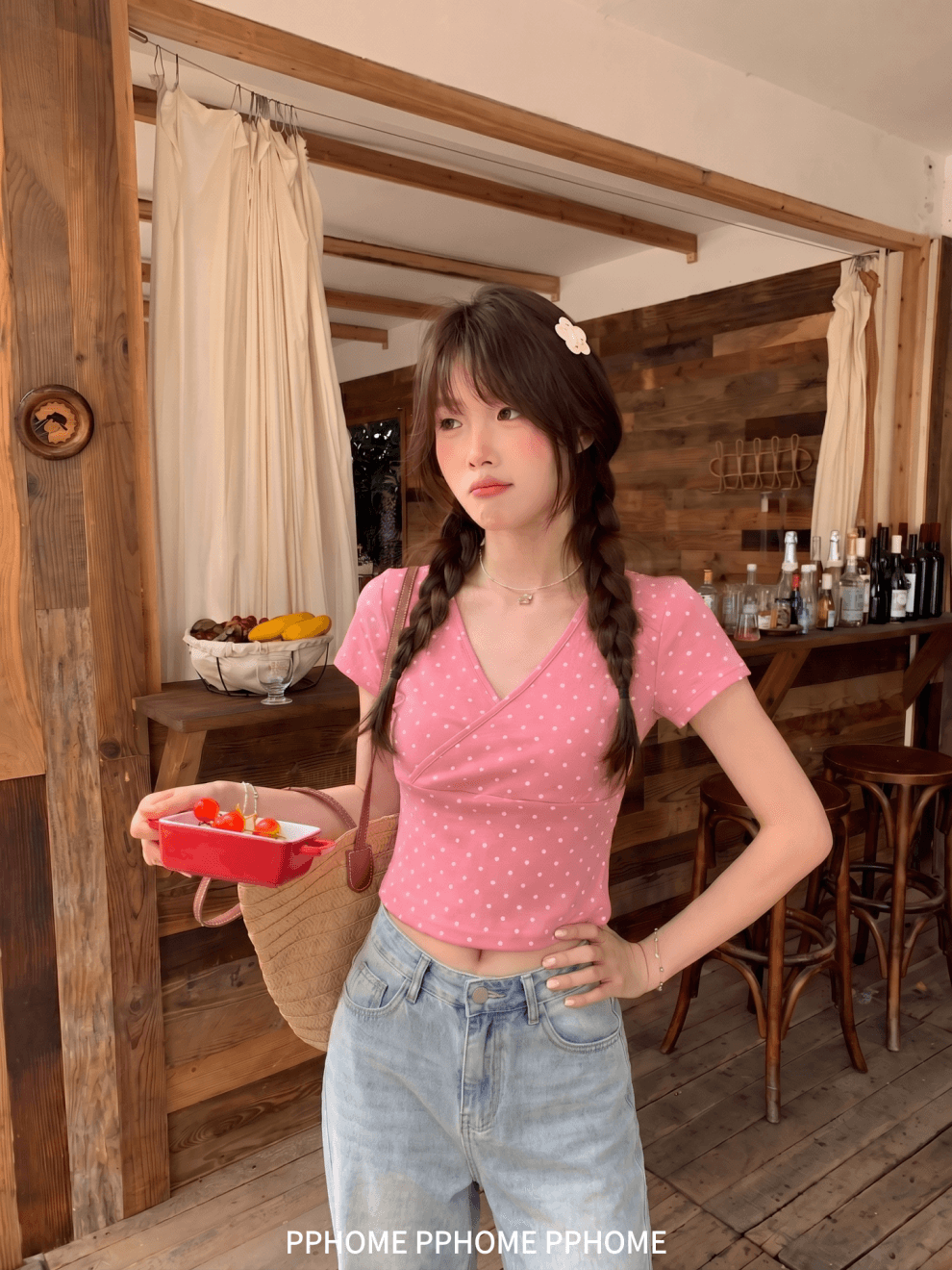 pphome 딸기 우우 우우 한 부서 십자가 V넥 도트 무늬 반팔 티셔츠 여성 여름 긍정적 인 어깨 순수한 욕망 맨위 상세 이미지 6