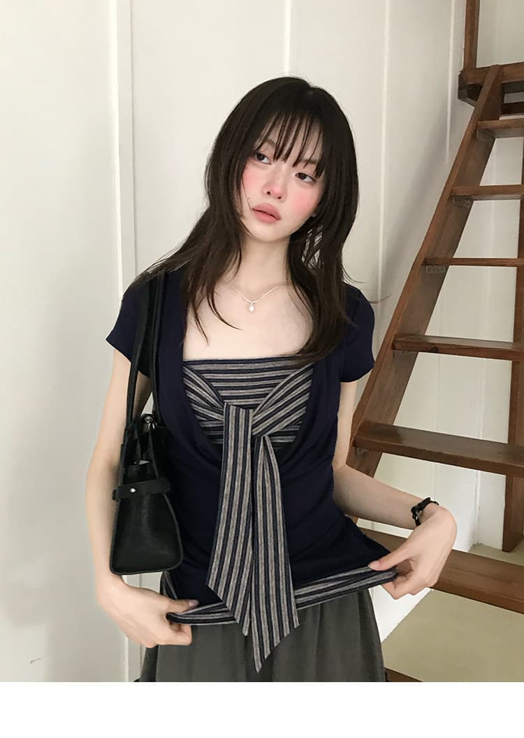 다우 시시 일광 틈 블루 레트로 학원 스타일 가슴 나비 레이스업 맨위 여름 허리 측면 펌프 Pleat 티셔츠 상세 이미지 16