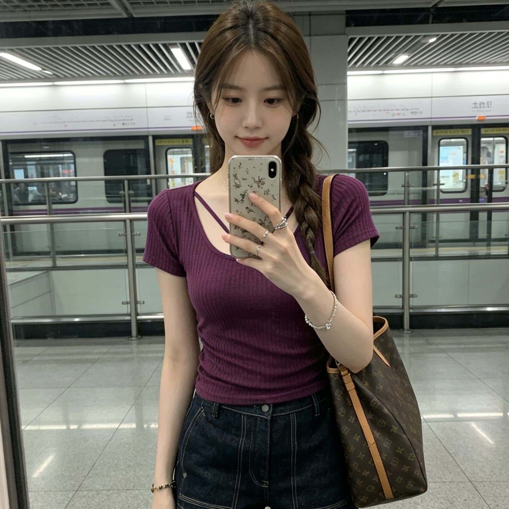 작은 키 새로운 니트 스웨터 티셔츠 여성 여름 디자인 센스 몸매 가꾸기 슬림해 보이는 보라색 아름다운 반팔 맨위 이미지 2
