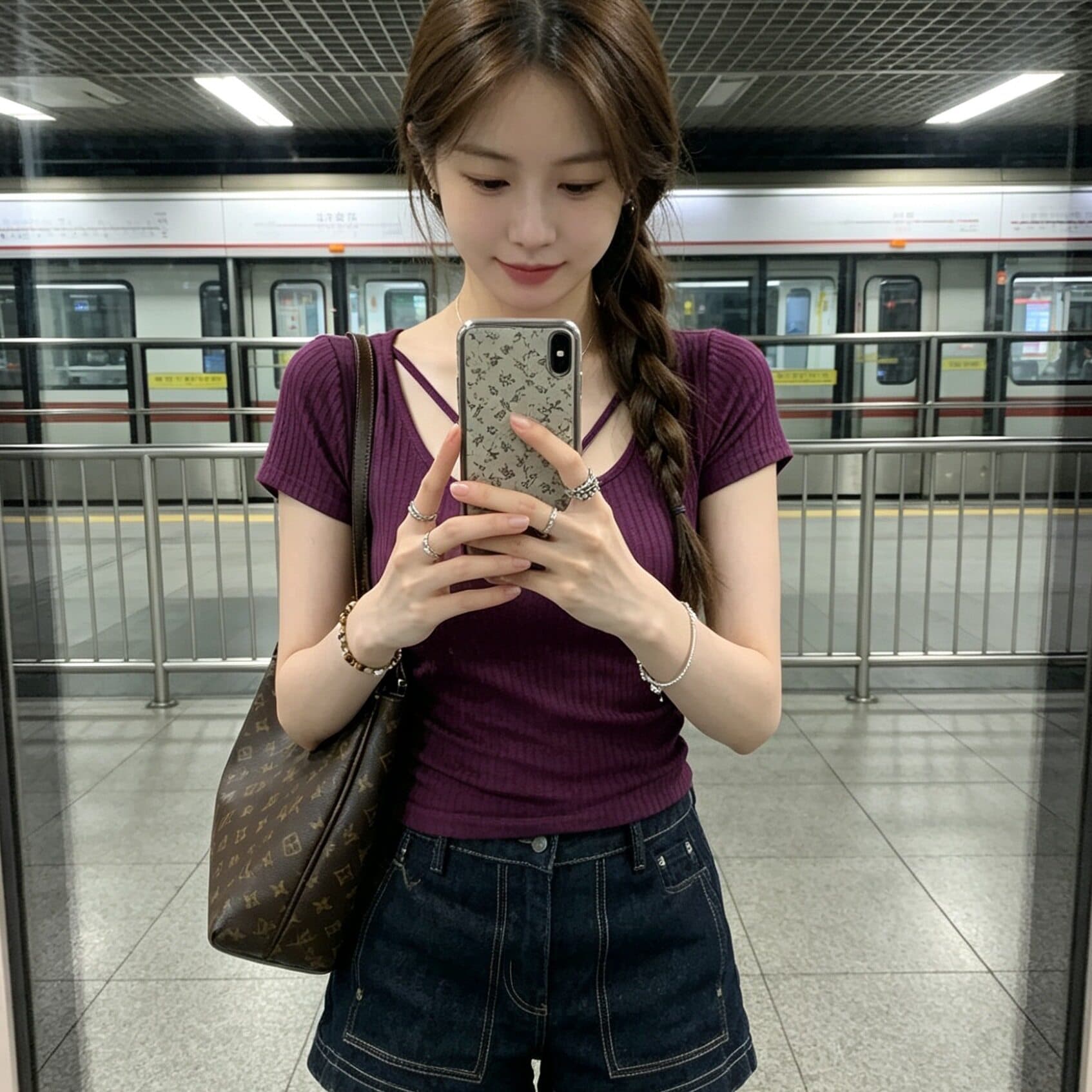 작은 키 새로운 니트 스웨터 티셔츠 여성 여름 디자인 센스 몸매 가꾸기 슬림해 보이는 보라색 아름다운 반팔 맨위 이미지 3