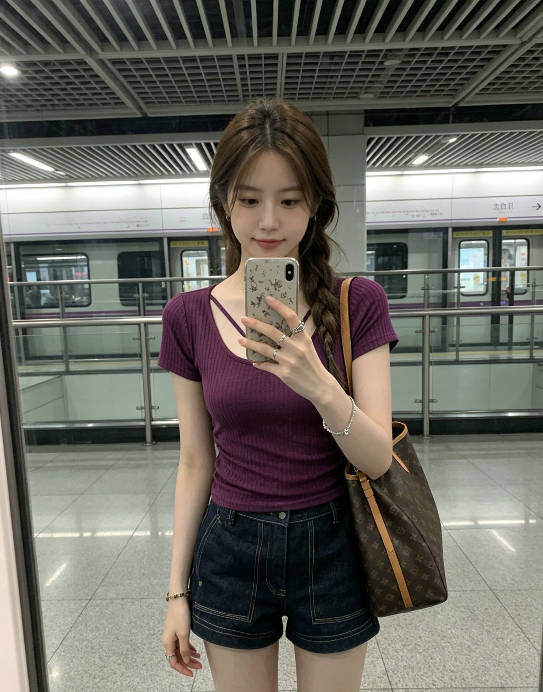 작은 키 새로운 니트 스웨터 티셔츠 여성 여름 디자인 센스 몸매 가꾸기 슬림해 보이는 보라색 아름다운 반팔 맨위 상세 이미지 3