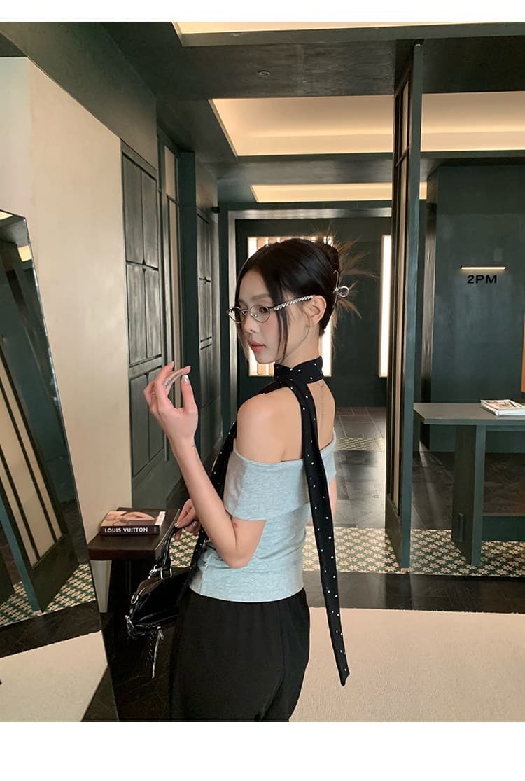 송 긍정적 인 En 회색 오프숄더 반팔 티셔츠 여성 여름 몸매 가꾸기 슬림해 보이는 한 부서 고급 센스 품격 오프숄더 맨위 상세 이미지 18