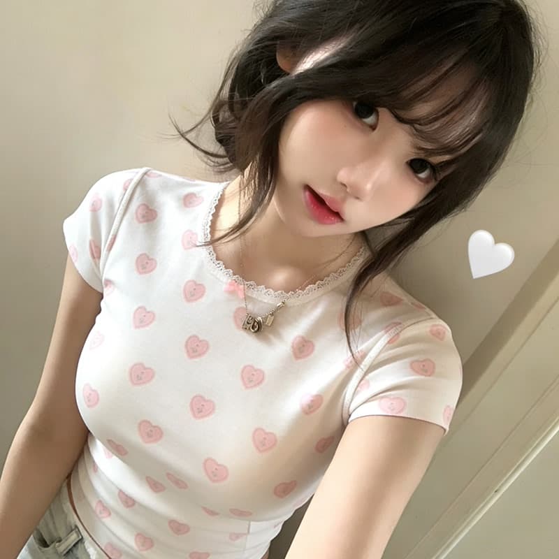 with love 하트 프린트 u 칼라 달콤함 긍정적 인 어깨 레이스 반팔 티셔츠 여성 이미지 2