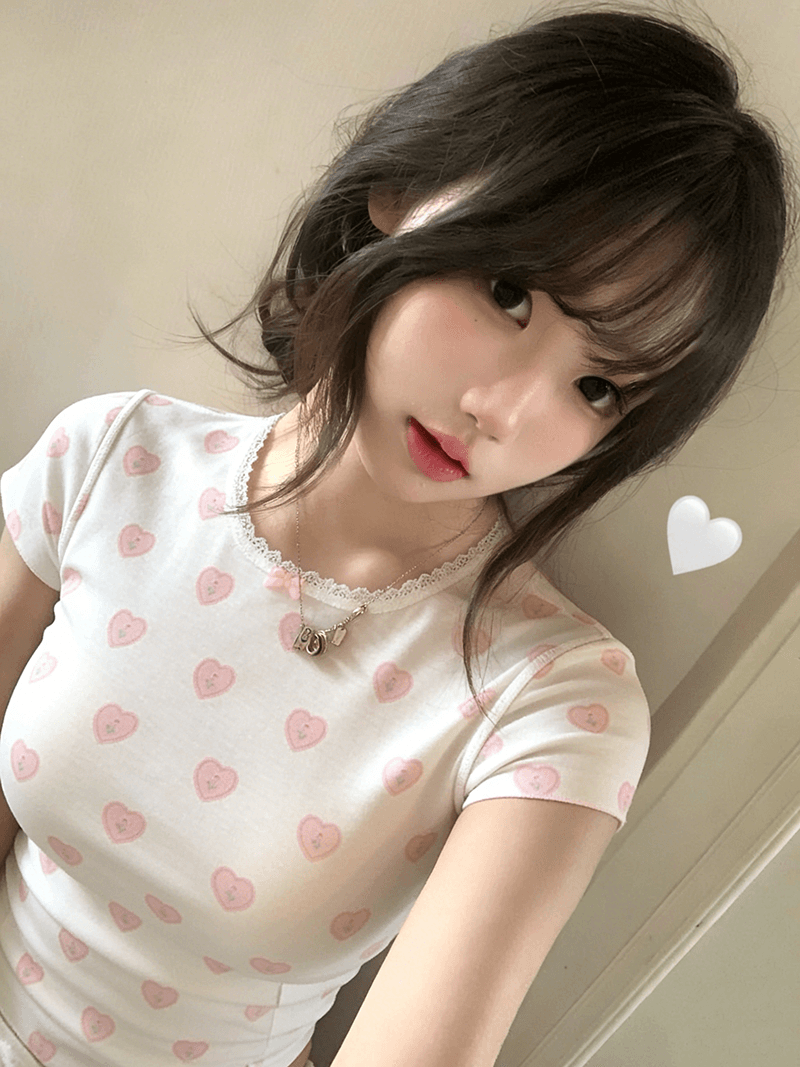 with love 하트 프린트 u 칼라 달콤함 긍정적 인 어깨 레이스 반팔 티셔츠 여성 상세 이미지 2
