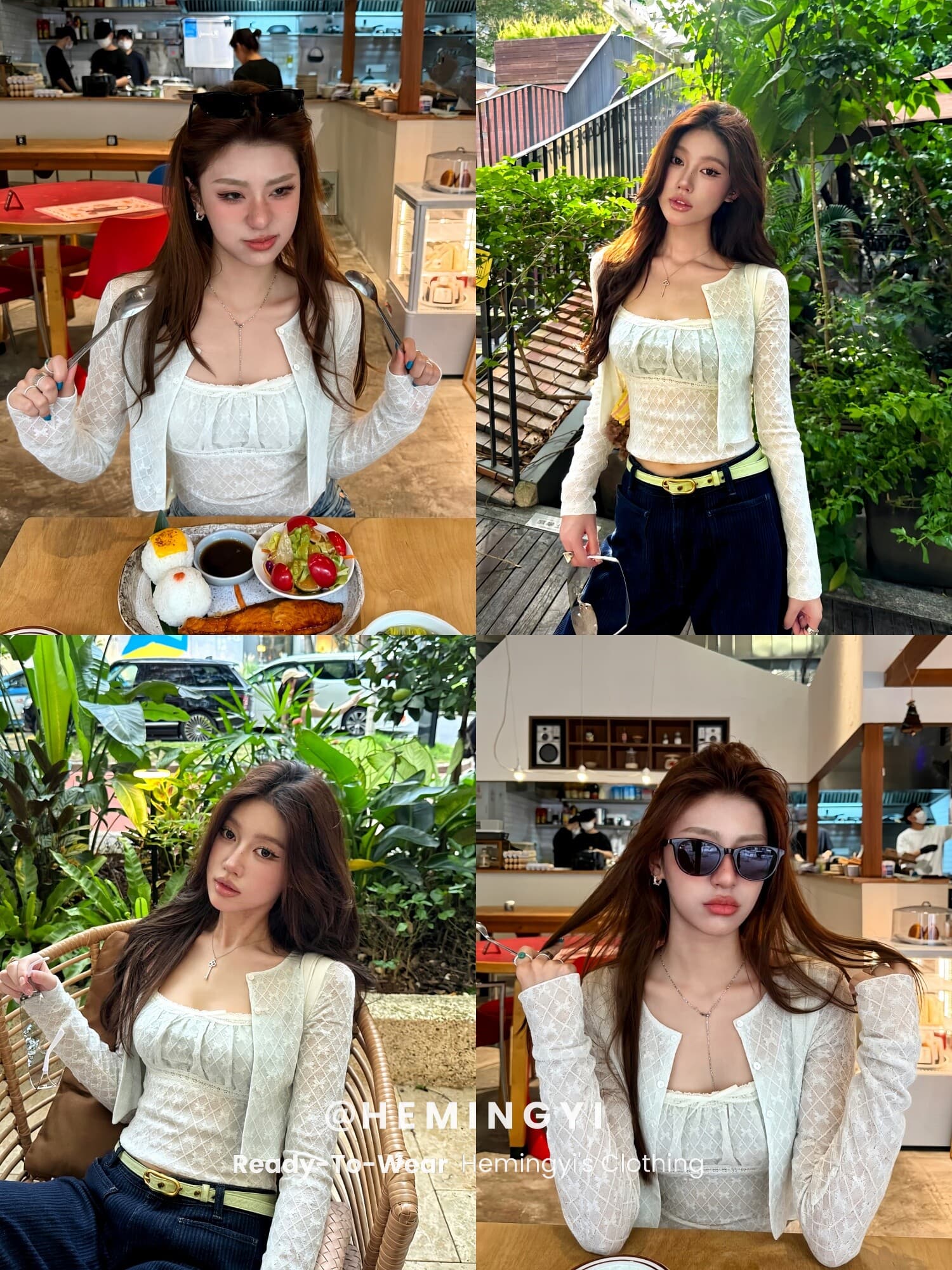레이스 부드러운 꿈 이른 봄 신축성 레이스 자카드 오픈 가디건 화이트 슬립 투피스 세트 긴팔 여성 이미지 2
