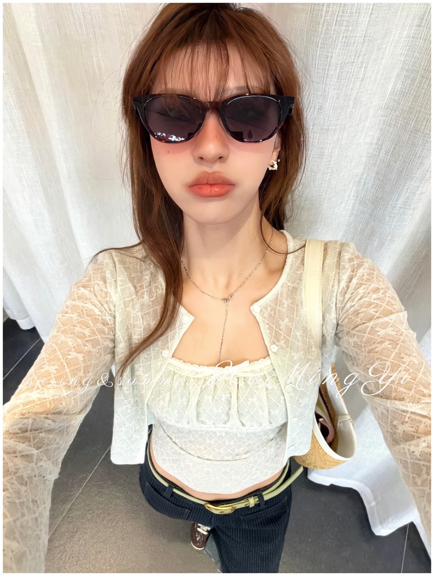 레이스 부드러운 꿈 이른 봄 신축성 레이스 자카드 오픈 가디건 화이트 슬립 투피스 세트 긴팔 여성 상세 이미지 15