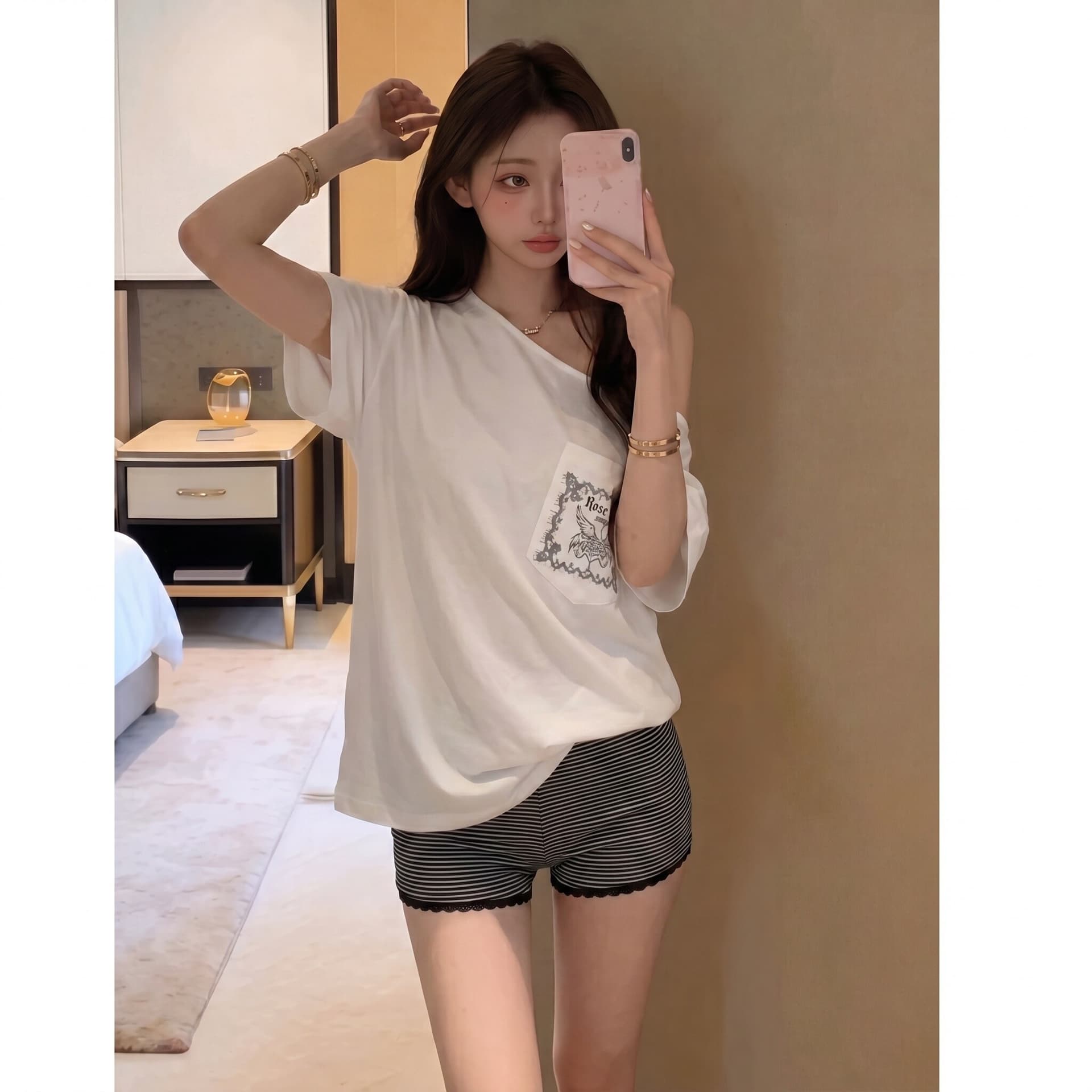 아메리칸 비스듬한 어깨 주머니 프린트 반팔 티셔츠 여성 여름 새로운 느긋한 바람 루즈핏 다용도 슬림해 보이는 오프숄더 맨위 이미지 4