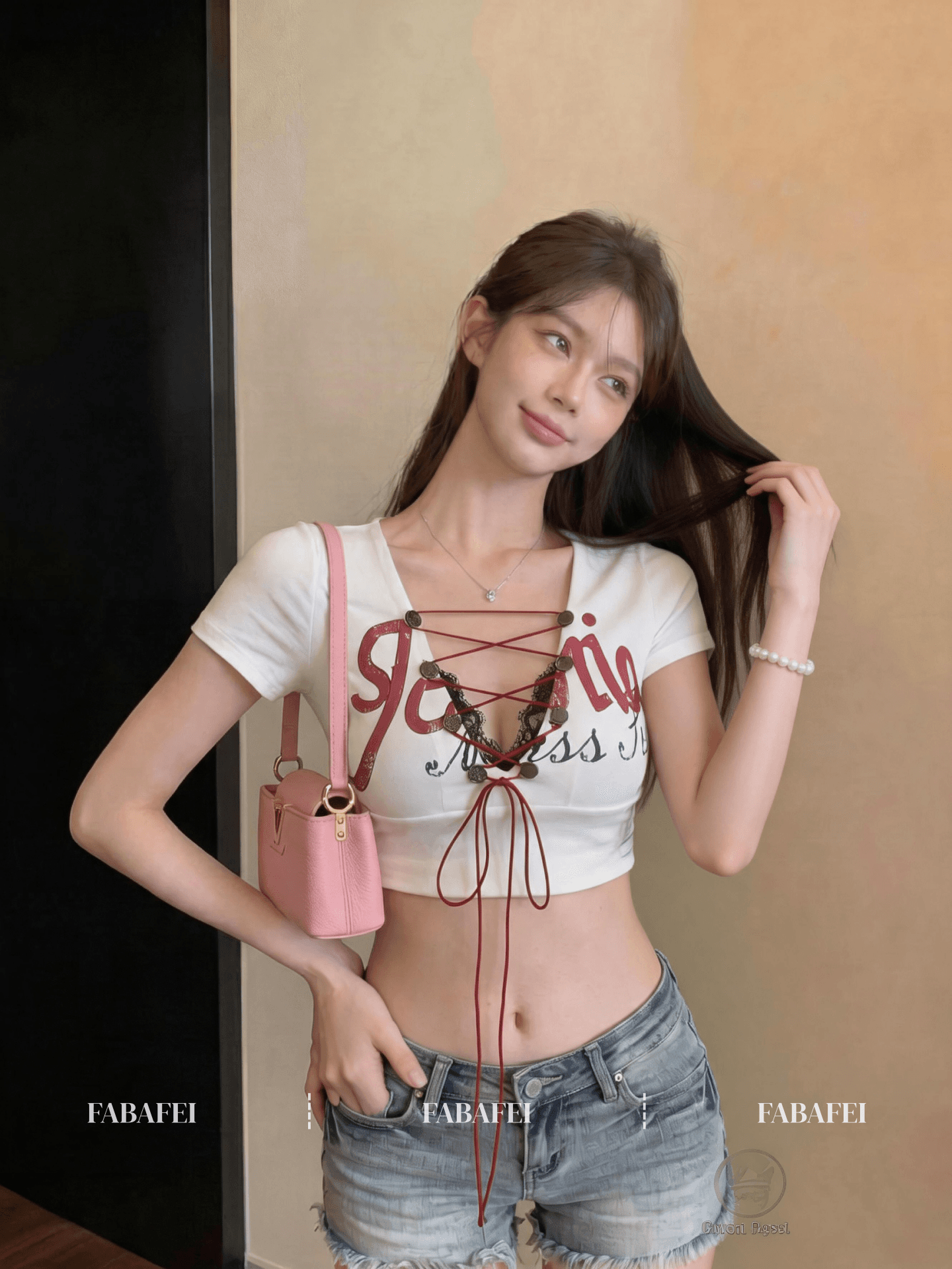 한 스타일 V넥 반팔 티셔츠 여성 여름 2026 새로운 몸매 가꾸기 슬림해 보이는 핫걸 레이스업 맨위 상세 이미지 3