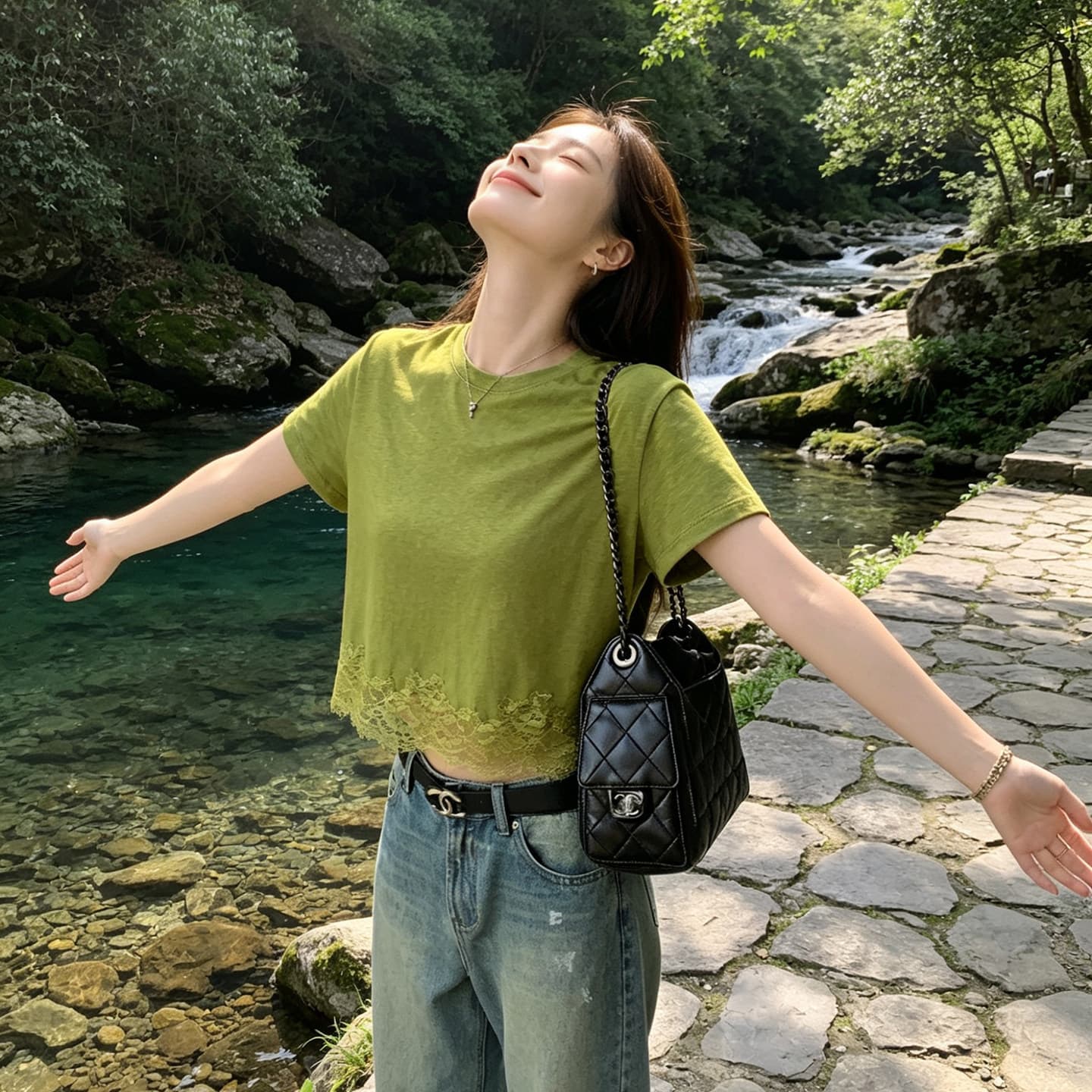 프랑스식 부드러운 녹색 레이스 레이스 패치워크 반팔 티셔츠 여성 여름 다용도 몸매 가꾸기 디스플레이 화이트 라운드 넥 풀오버 맨위 이미지 5