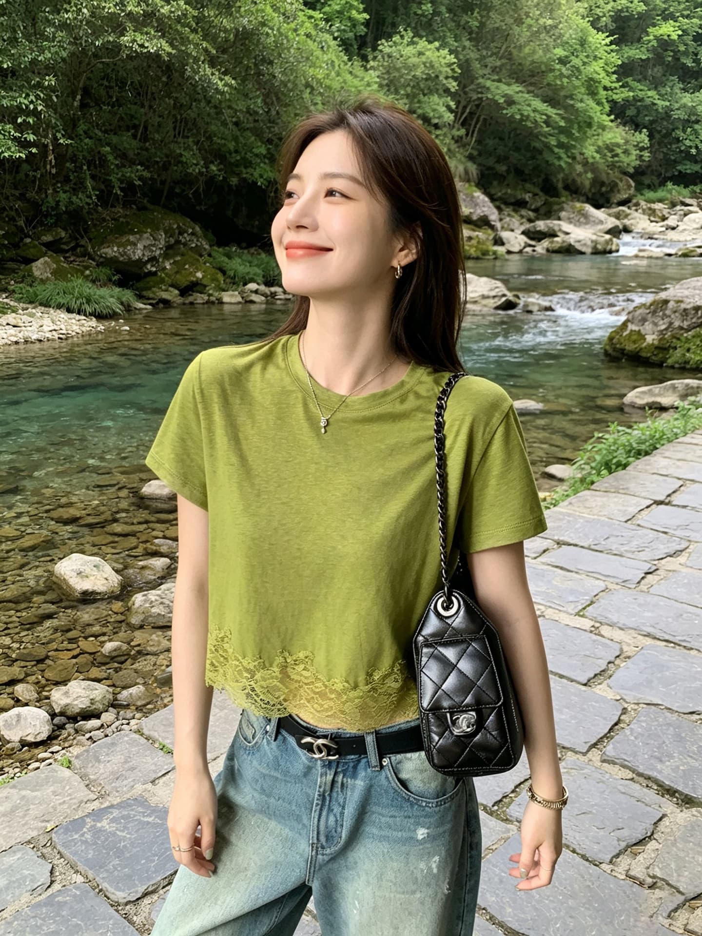 프랑스식 부드러운 녹색 레이스 레이스 패치워크 반팔 티셔츠 여성 여름 다용도 몸매 가꾸기 디스플레이 화이트 라운드 넥 풀오버 맨위 상세 이미지 2