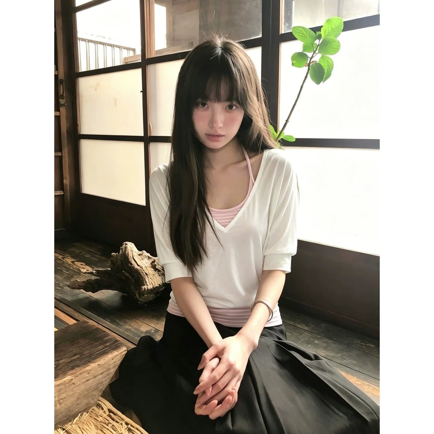 한 부서 느긋한 바람 투피스 세트 V넥 중간 소매 티셔츠 여성 여름 새로운 캐주얼 다용도 슬림해 보이는 자외선 차단 블라우스 맨위 상세 이미지 1