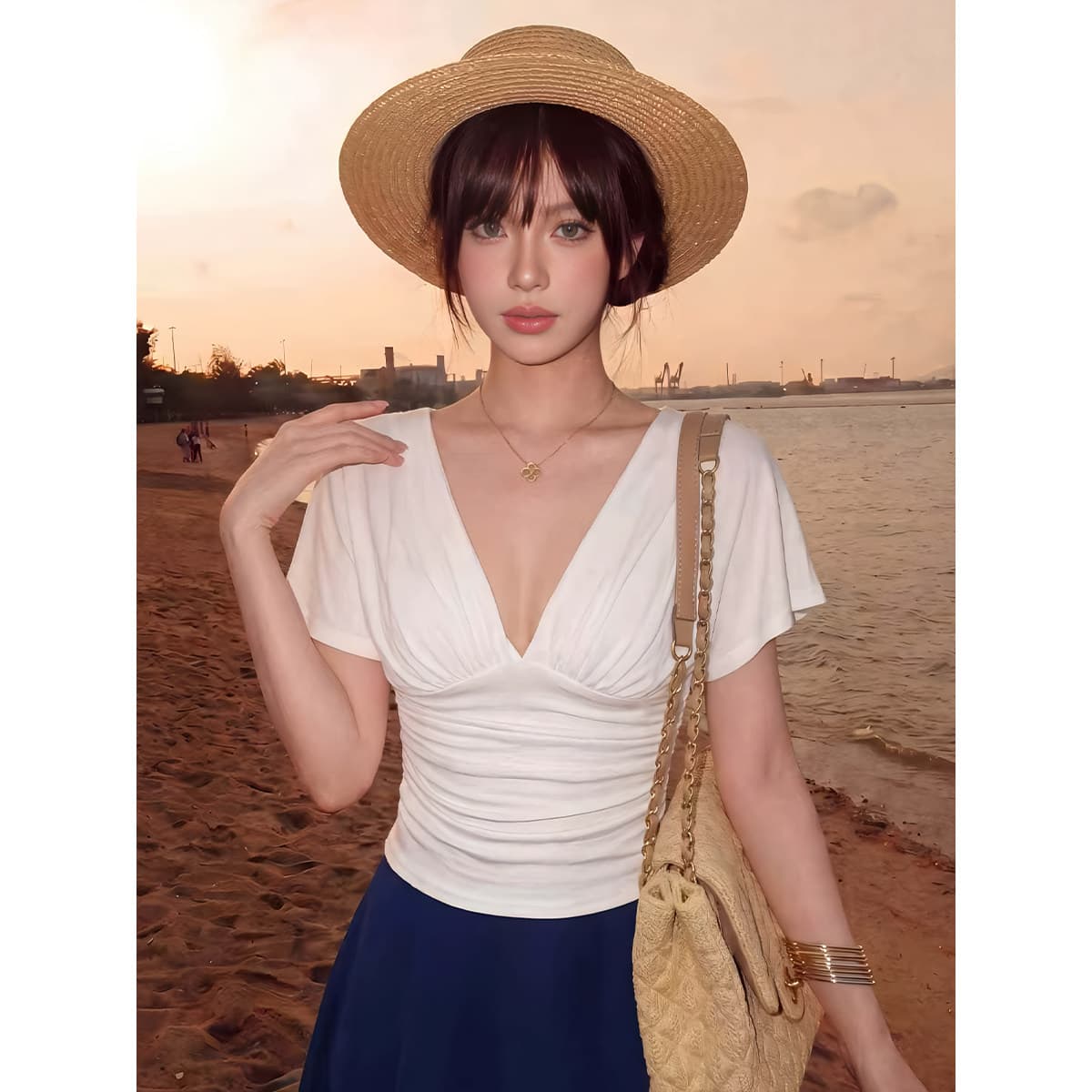 한 부서 미니멀리즘 V넥 반팔 티셔츠 여성 여름 디자인 센스 주름 허리 수축 슬림해 보이는 작은 셔츠 순수한 욕망 섹시함 작은 맨위 이미지 5