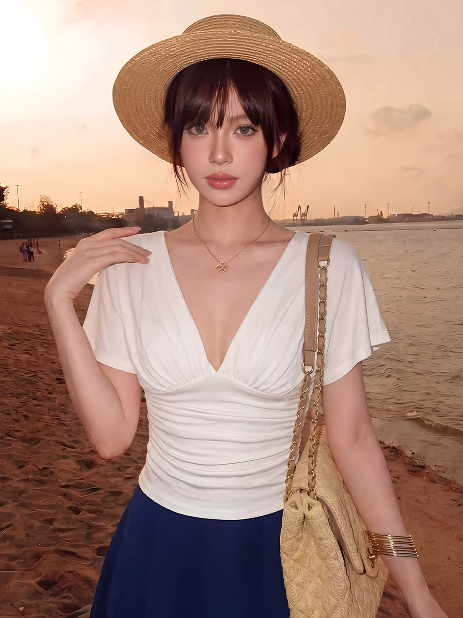 한 부서 미니멀리즘 V넥 반팔 티셔츠 여성 여름 디자인 센스 주름 허리 수축 슬림해 보이는 작은 셔츠 순수한 욕망 섹시함 작은 맨위 상세 이미지 3