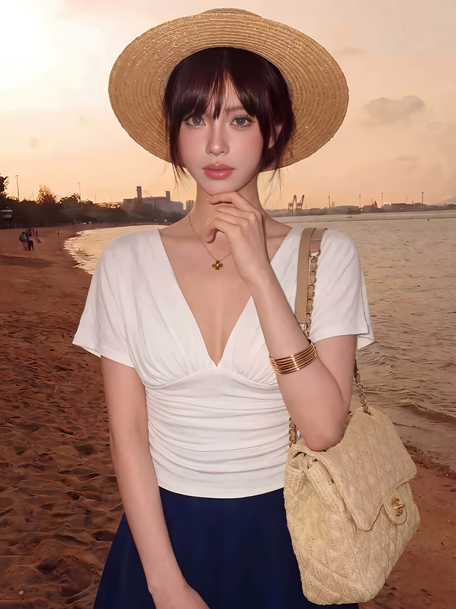 한 부서 미니멀리즘 V넥 반팔 티셔츠 여성 여름 디자인 센스 주름 허리 수축 슬림해 보이는 작은 셔츠 순수한 욕망 섹시함 작은 맨위 상세 이미지 6