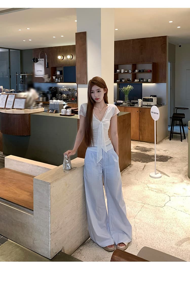 송 긍정적 인 En 화이트 V넥 레이스 조각 반팔 티셔츠 여성 여름 순수한 욕망 몸매 가꾸기 고유 한 아름다운 그레이트 봐. 의류 상세 이미지 18
