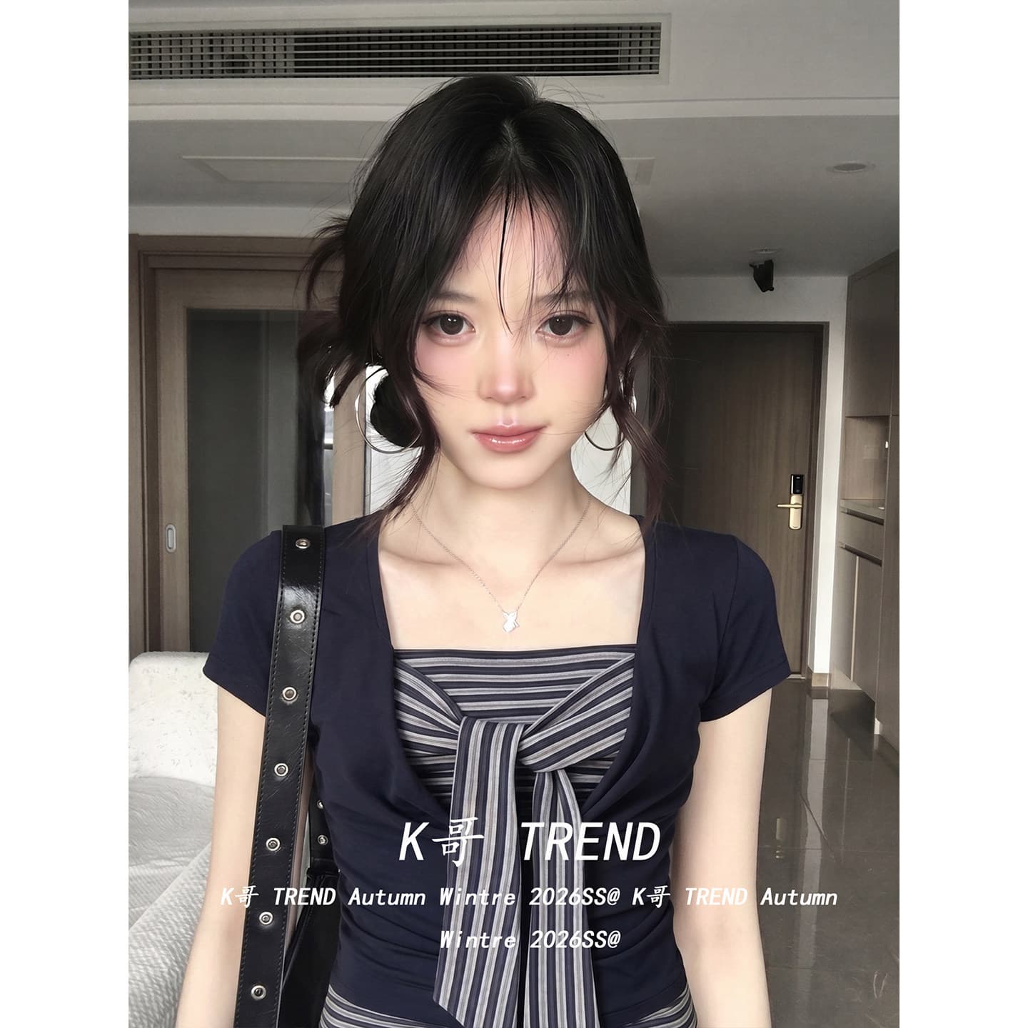 페이크 레이어드 스트라이프 패치워크 티셔츠 여성 여름 반팔 블루 색상 스트랩 디자인 느슨함 한 바람 핫걸 맨위 ins 이미지 4