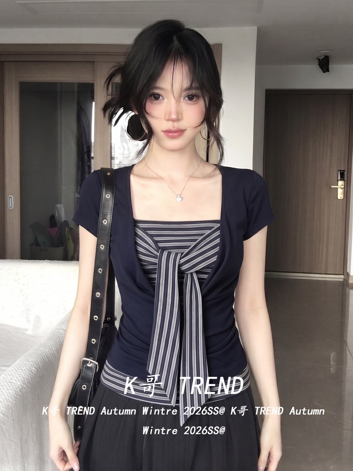 페이크 레이어드 스트라이프 패치워크 티셔츠 여성 여름 반팔 블루 색상 스트랩 디자인 느슨함 한 바람 핫걸 맨위 ins 상세 이미지 1
