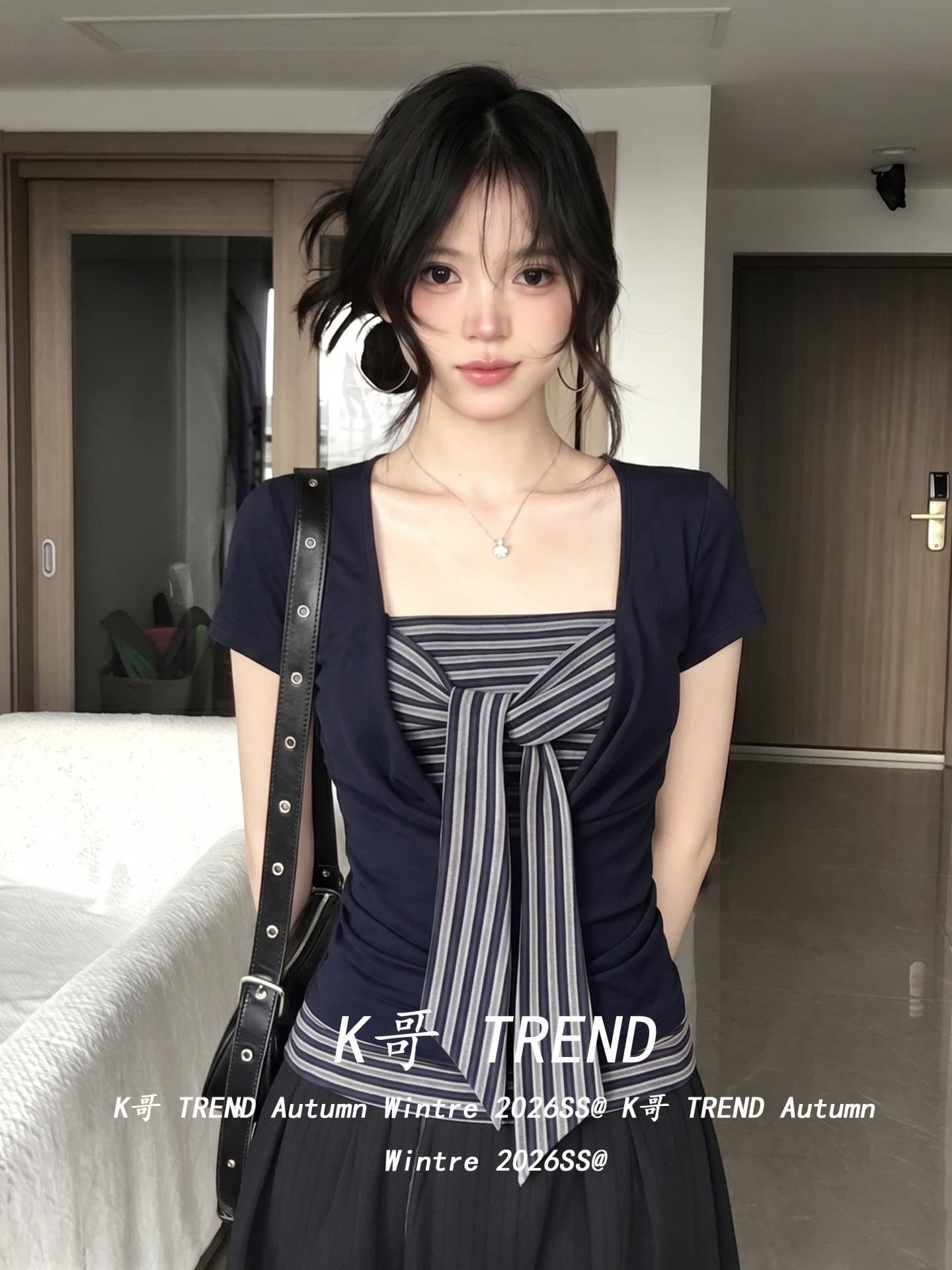 페이크 레이어드 스트라이프 패치워크 티셔츠 여성 여름 반팔 블루 색상 스트랩 디자인 느슨함 한 바람 핫걸 맨위 ins 상세 이미지 3