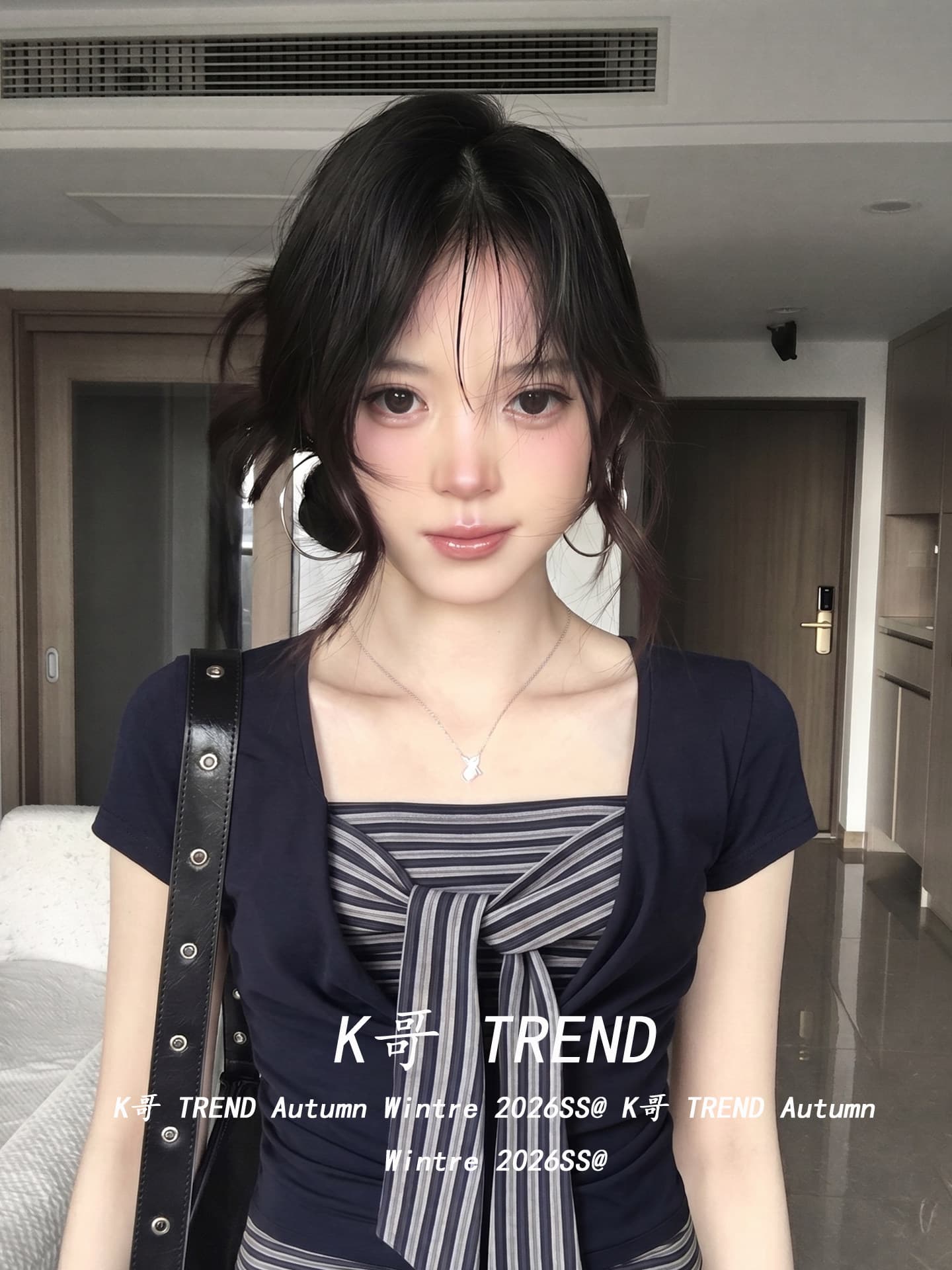 페이크 레이어드 스트라이프 패치워크 티셔츠 여성 여름 반팔 블루 색상 스트랩 디자인 느슨함 한 바람 핫걸 맨위 ins 상세 이미지 5