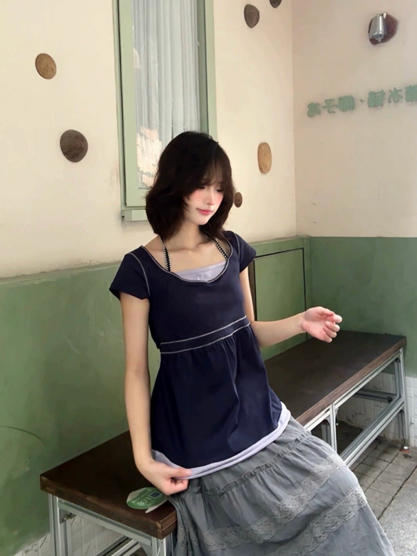 출퇴근 페이크 레이어드 행침 목 반팔 맨위 여름 자이언트 잘 생긴 루즈핏 다용도 u 종류 티셔츠 여성 상세 이미지 2